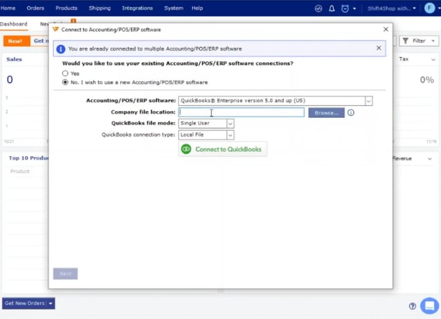 A screenshot of the Webgility interface prompting the user to add QuickBooks as the accounting software
