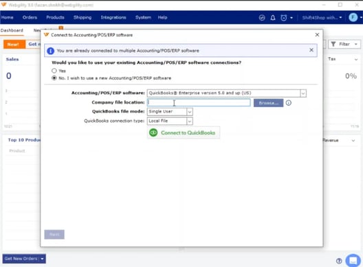 A screenshot of the Webgility interface prompting the user to add QuickBooks as the accounting software
