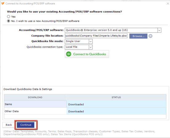 A screenshot of the Webgility interface prompting the user to grant permission to connect to QuickBooks