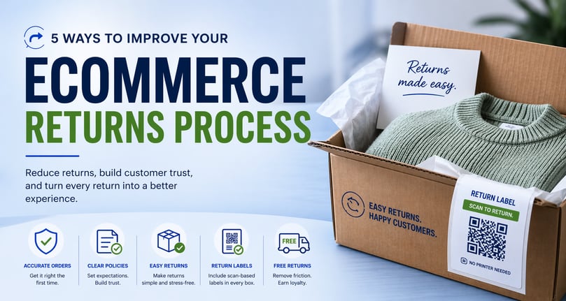 Ecommerce returns banner with a return label, and headline about improving the returns process.