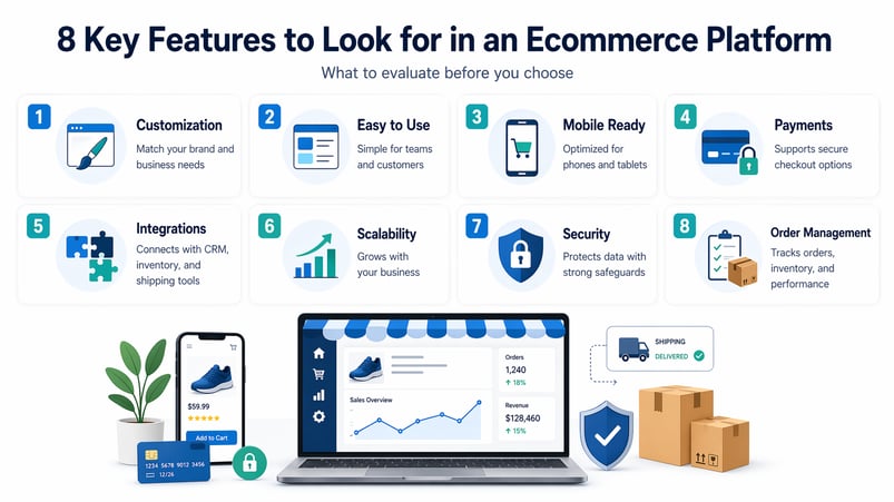 Infographic of 8 key ecommerce platform features with icons and an ecommerce dashboard.