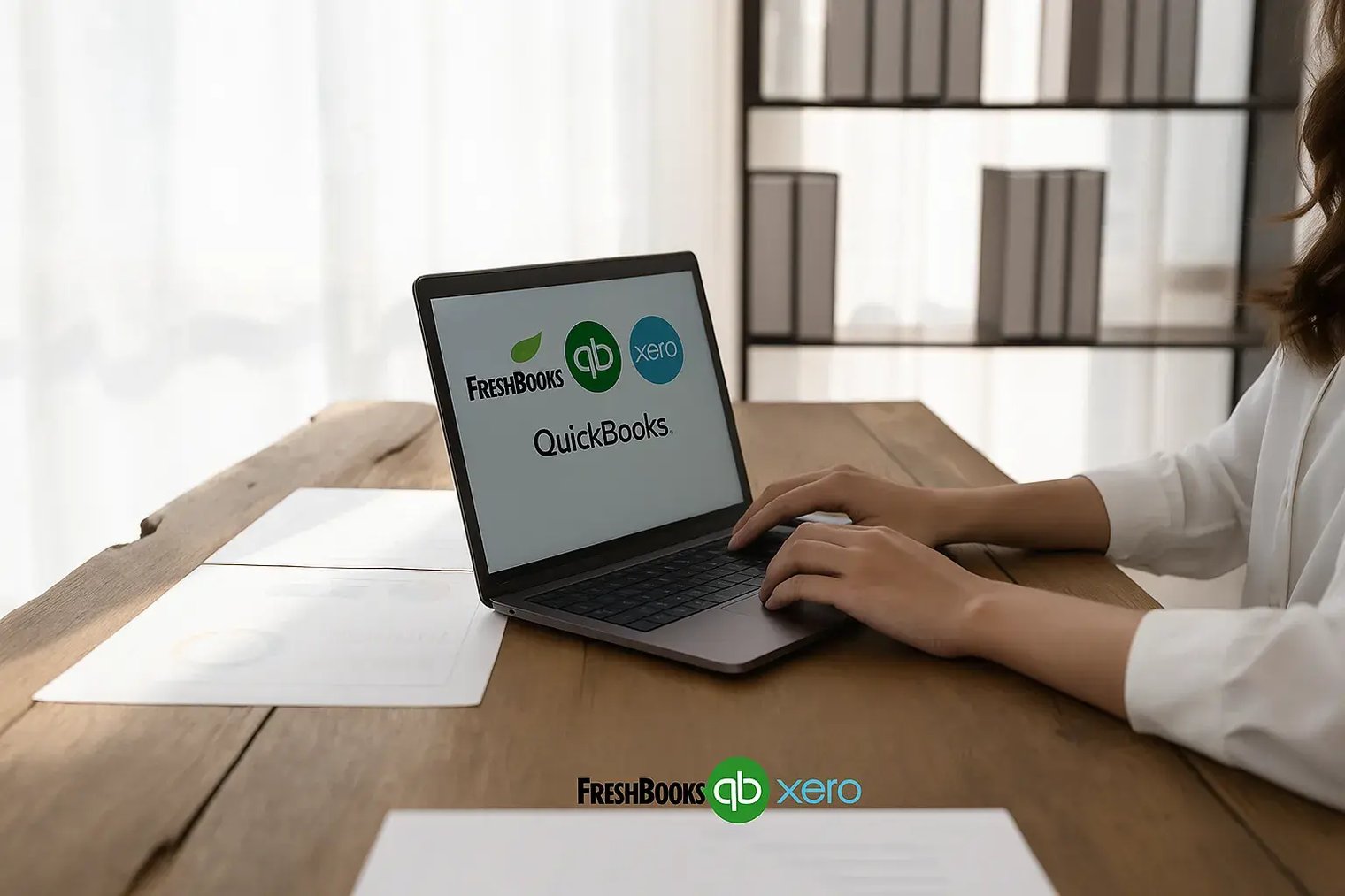Illustration of eCommerce screen with logos of FreshBooks, QuickBooks, and Xero, representing a comparison of accounting software.
