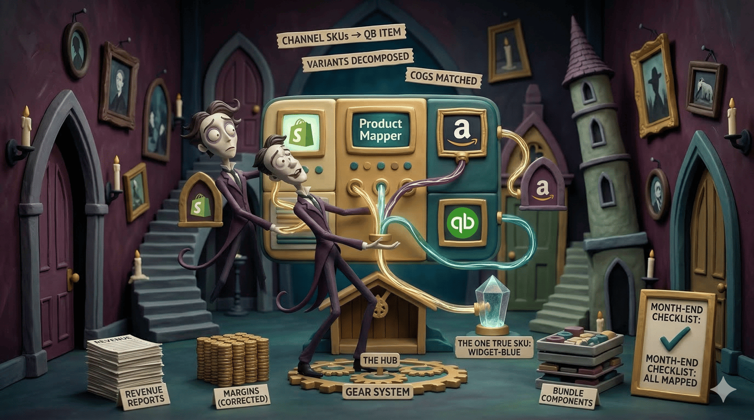 Illustration of a character holding a month-end checklist for reviewing product mapping errors across inventory, COGS, and QuickBooks.