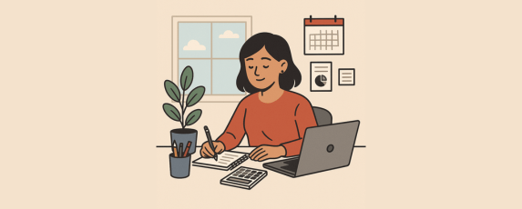 Illustration of an accountant working at a desk with a laptop, notebook, and calculator, staying organized during the busy accounting season