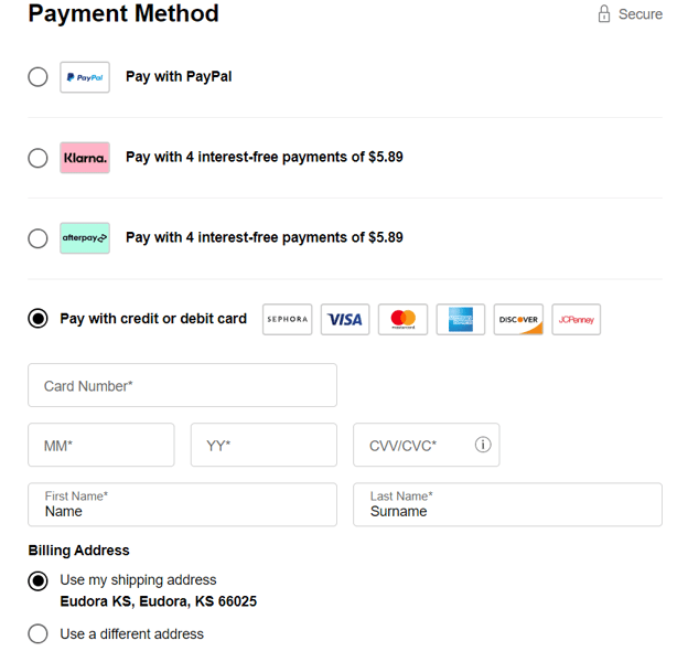Checkout payment methods.