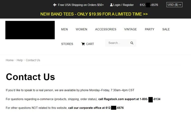 A contact-us page on a retail website.