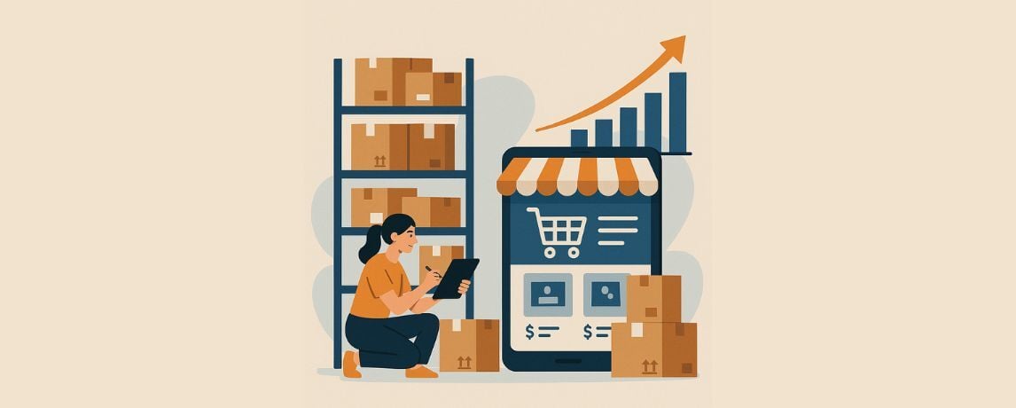 Illustration of an ecommerce seller managing boxes and checking stock with a digital storefront, representing how to improve inventory turnover for your ecommerce business.