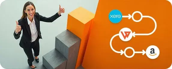 Happy businesswoman giving thumbs up beside growth steps, illustrating successful Xero Amazon integration for ecommerce automation.