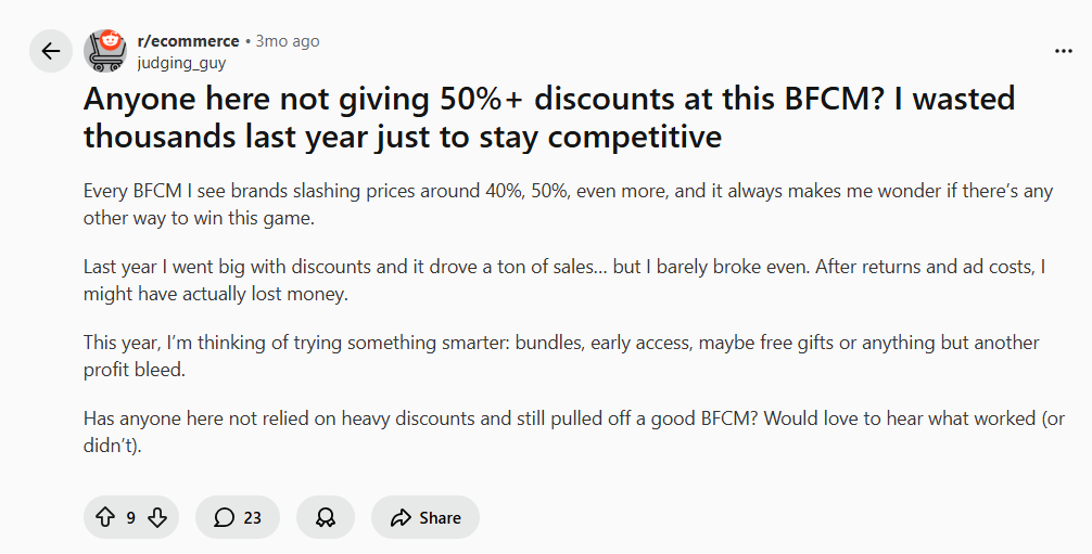 Screenshot of a Reddit post about losing money on 50%+ BFCM discounts.