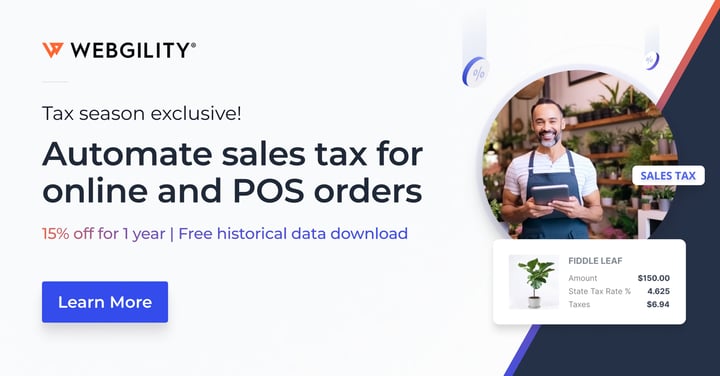 Tax season exclusive! Automate sales tax for online and POS orders. 15% off for 1 year. Free historical data download. Learn more.