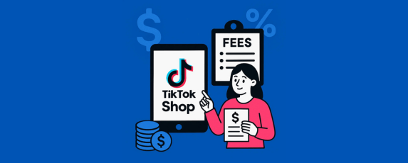 Illustration of a seller pointing to TikTok Shop fees on a clipboard, with a tablet showing the TikTok Shop logo, coins, and dollar symbols, representing TikTok Shop fees explained for sellers.