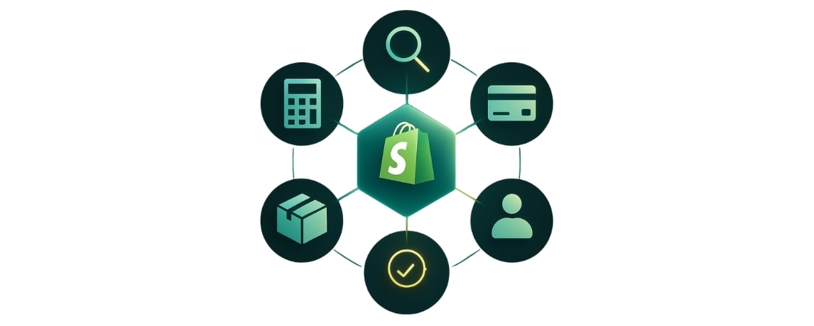 Shopify logo at the center connected to accounting, CRM, payment, inventory, and analytics icons on a solid dark green background, symbolizing an integrated Shopify tech stack.