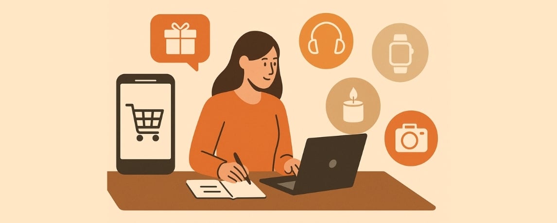 Illustration of an ecommerce seller planning top holiday 2025 products backed by market data.