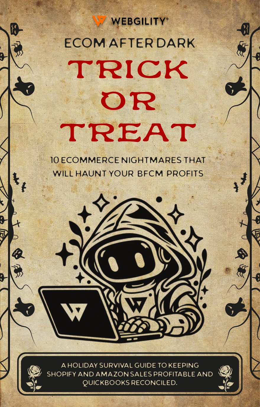 Cover of the Trick or Treat ebook: a hooded robot types on a laptop under the title, framed by gothic vines, bats and ghosts