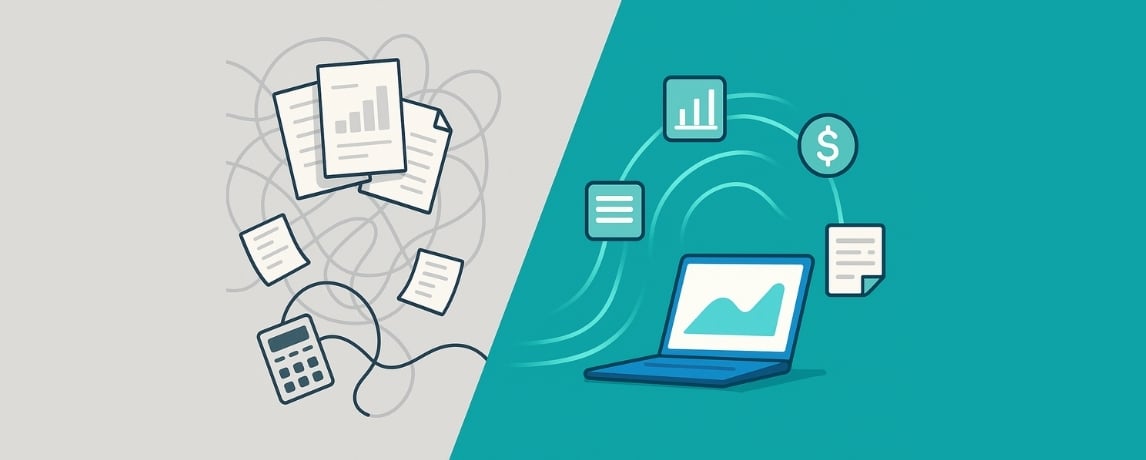 Manual vs automated accounting illustration showing transition to smart bookkeeping automation.
