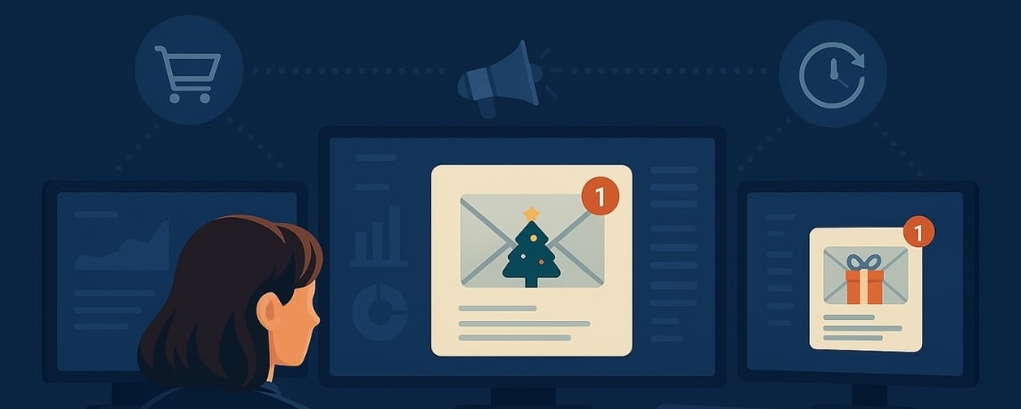 Holiday email marketing automation network visual showing connected ecommerce systems and analytics.