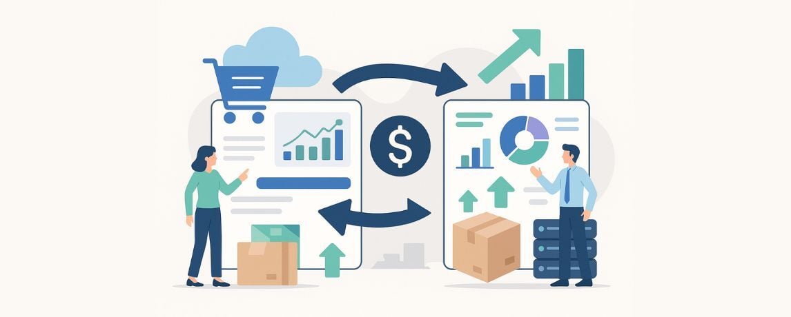 Comparison of Xero and NetSuite with charts, shopping cart, dollar sign, and growth arrows.