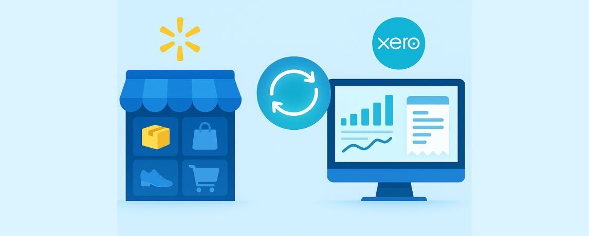 Walmart Xero integration illustration for marketplace sellers with storefront, sync icon, and accounting dashboard.