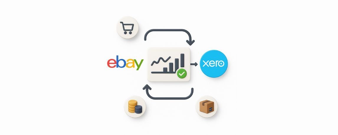 eBay and Xero integration: two-way arrows through a central analytics panel with icons for sales (cart), fees (coins), and inventory (box).