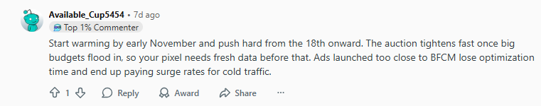 A screenshot of a Reddit comment advising advertisers to start warming up ad pixels in early November before BFCM to avoid high ad rates.