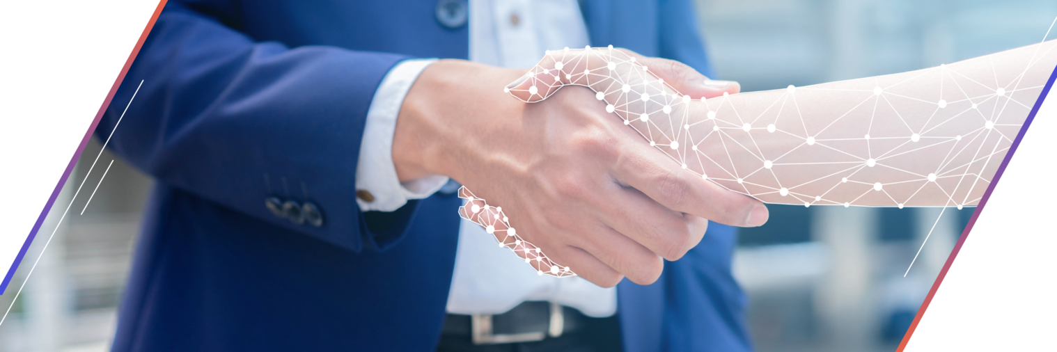 Two hands shaking, one belonging to a business professional and one representing artificial intelligence