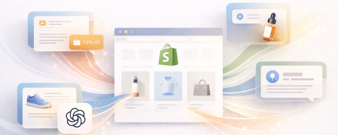 ChatGPT for Shopify personalization showing AI-driven customer messages, product recommendations, and storefront experiences