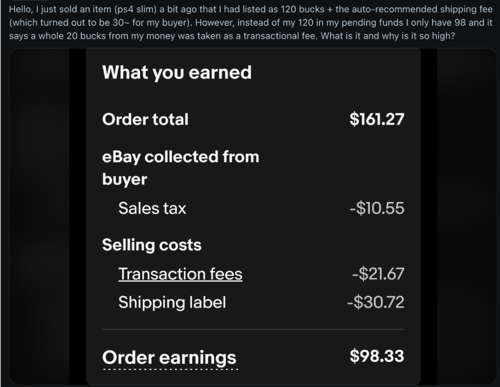 eBay earnings breakdown showing an order total of $161.27, transaction fees of $21.67, shipping costs of $30.72, and final earnings of $98.33