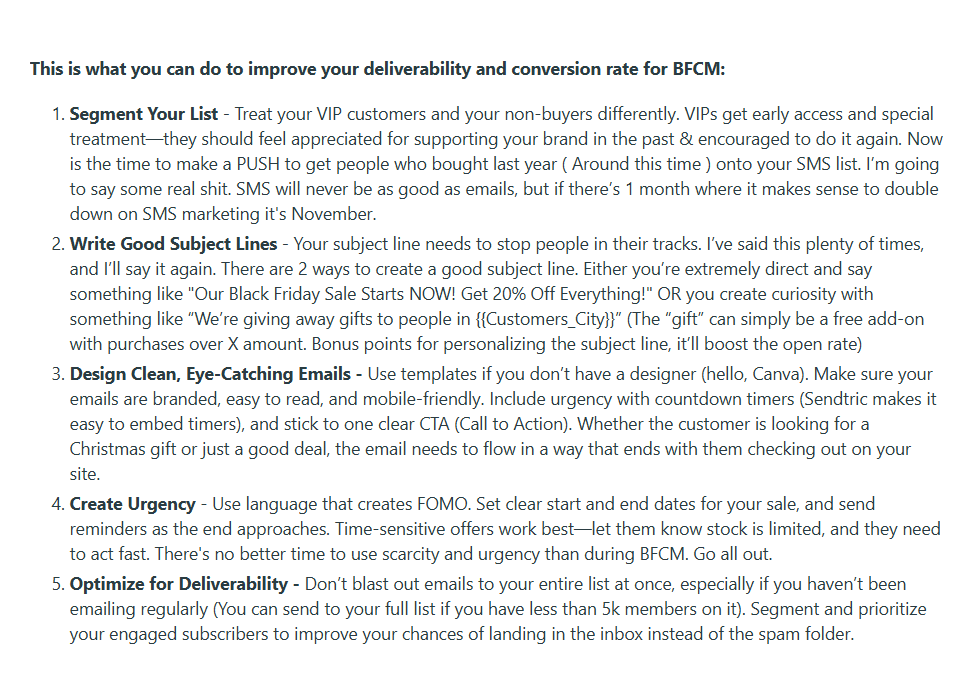 Reddit post with BFCM email marketing tips and conversion strategies.