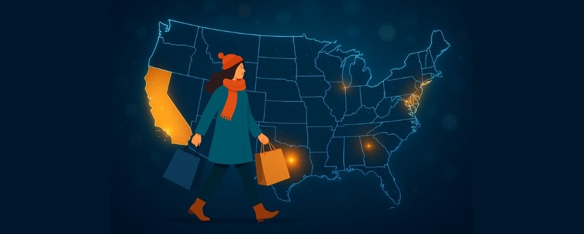 A woman shopping during the holiday season walks across a glowing U.S. map highlighting nexus rules by state, symbolizing ecommerce sales and tax compliance tracking.