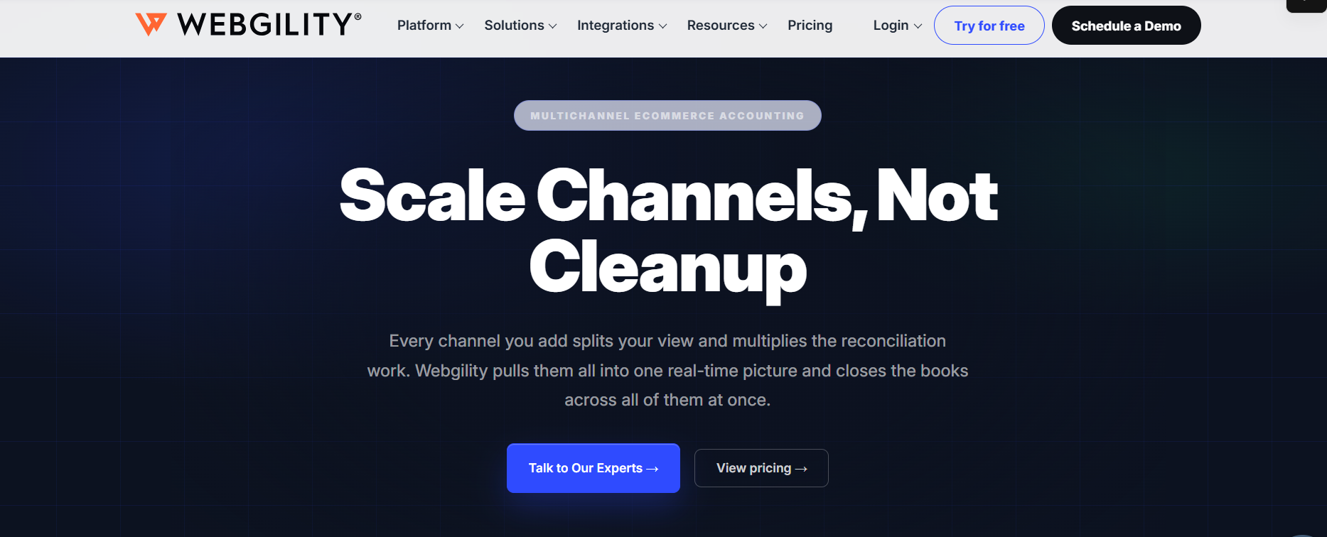 Webgility multichannel ecommerce accounting page highlighting unified reconciliation and automated bookkeeping across sales channels.