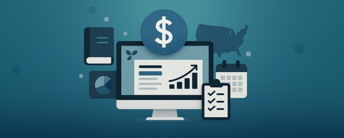 Illustration showing financial dashboards, planning icons, and enterprise controls representing Intuit Enterprise Suite for multi-entity management.