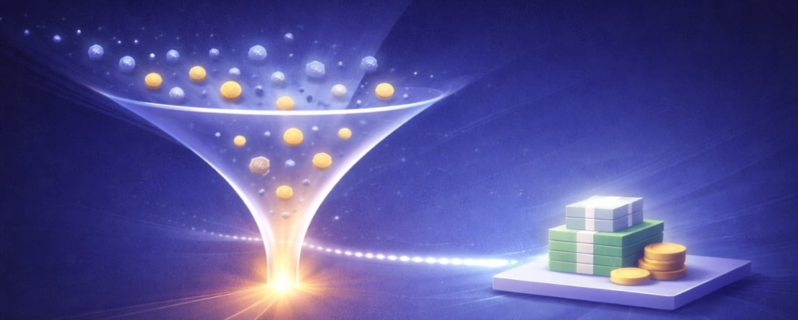 Ecommerce order-to-payout settlement funnel illustration showing gross sales filtering into net payout.