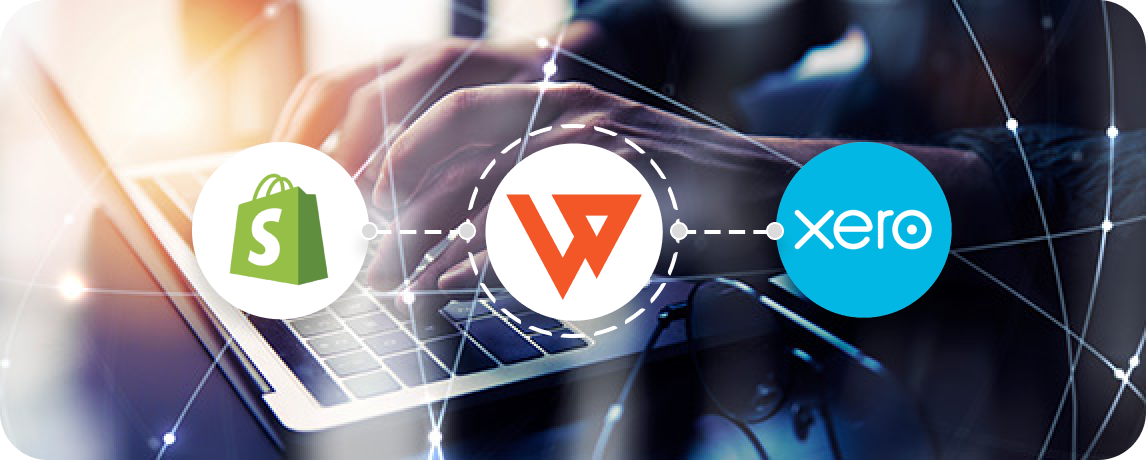 Illustration showing Shopify connected to Xero through Webgility, symbolizing streamlined ecommerce accounting integration.