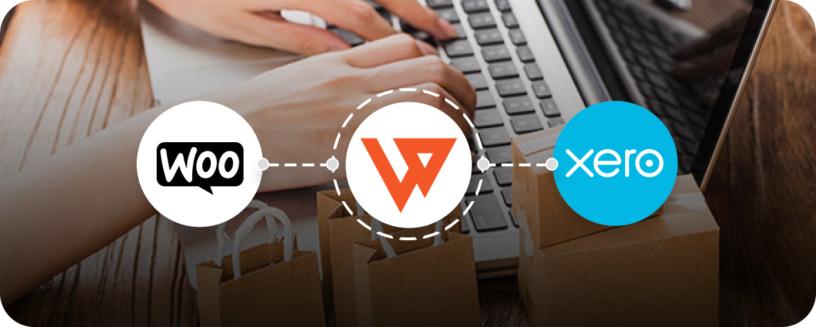 Hands on laptop with shopping bags, showing WooCommerce to Xero integration via Webgility for automated ecommerce accounting