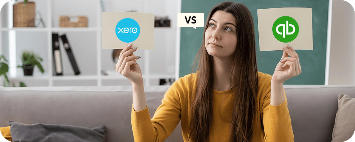 A woman holding cards with Xero and QuickBooks logos, comparing the two accounting software options.
