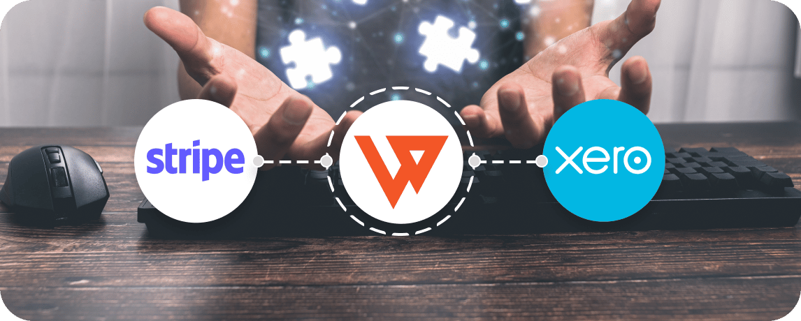 Visual representation of Stripe Xero integration showing Stripe, Webgility, and Xero logos connected, symbolizing automated payment and accounting workflow setup.