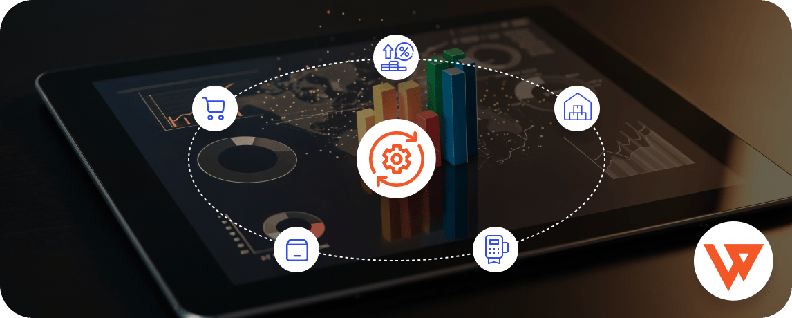 Digital illustration showing ecommerce automation and data analytics icons around a tablet screen with bar charts, representing the biggest B2B ecommerce trends shaping 2025.
