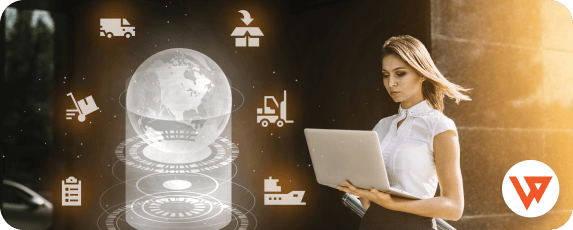 Businesswoman using a laptop beside digital icons representing global B2B ecommerce workflow automation, including shipping, logistics, and supply chain tools—illustrating how to simplify B2B processes in 2025.