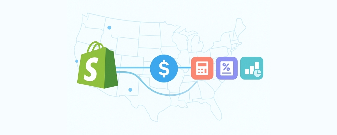Illustration showing Shopify connected to sales tax apps across the U.S., representing top sales tax apps for Shopify.