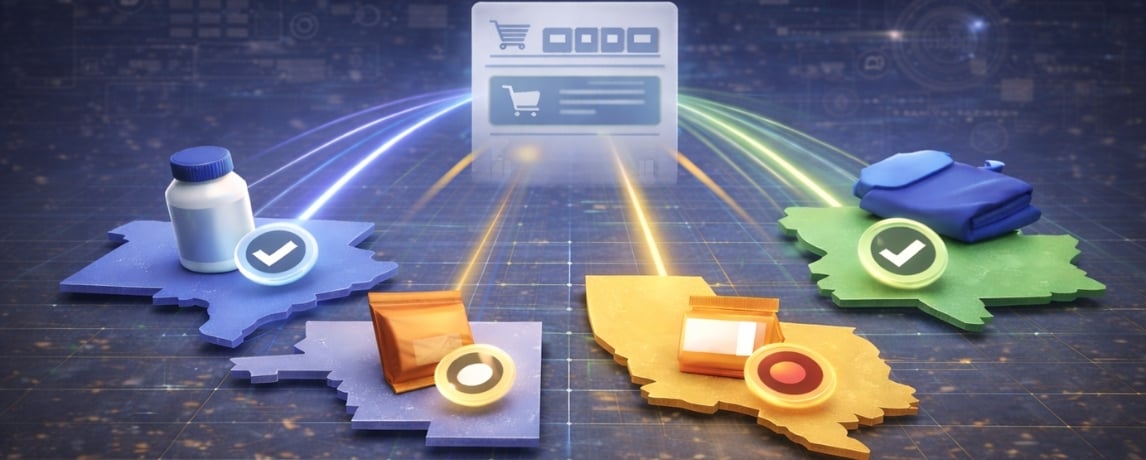 Visual showing sales tax exemptions applied at the SKU level across supplements, clothing, food, and beauty products