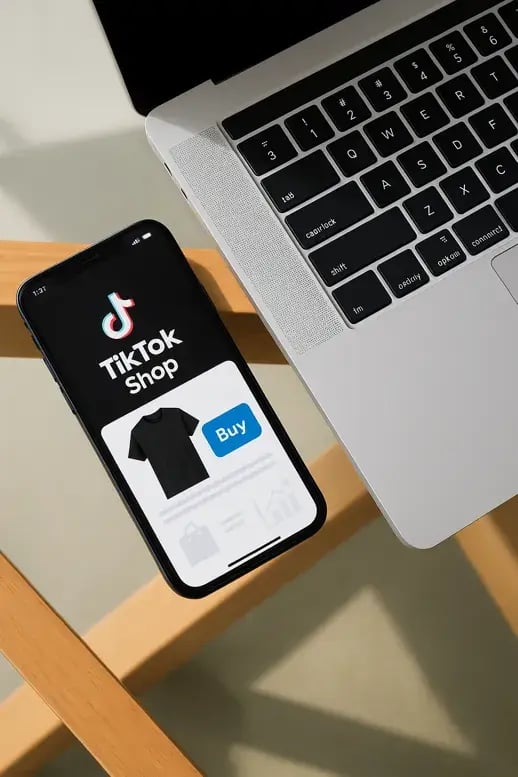TikTok Shop app open on phone next to laptop, showing a t-shirt and 