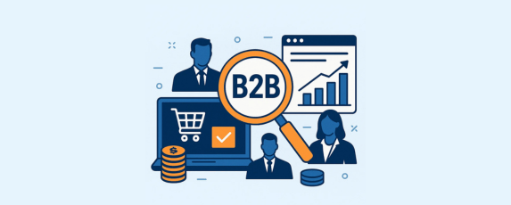 Illustration showing business professionals, laptop with shopping cart, coins, and growth chart with a magnifying glass highlighting B2B ecommerce.