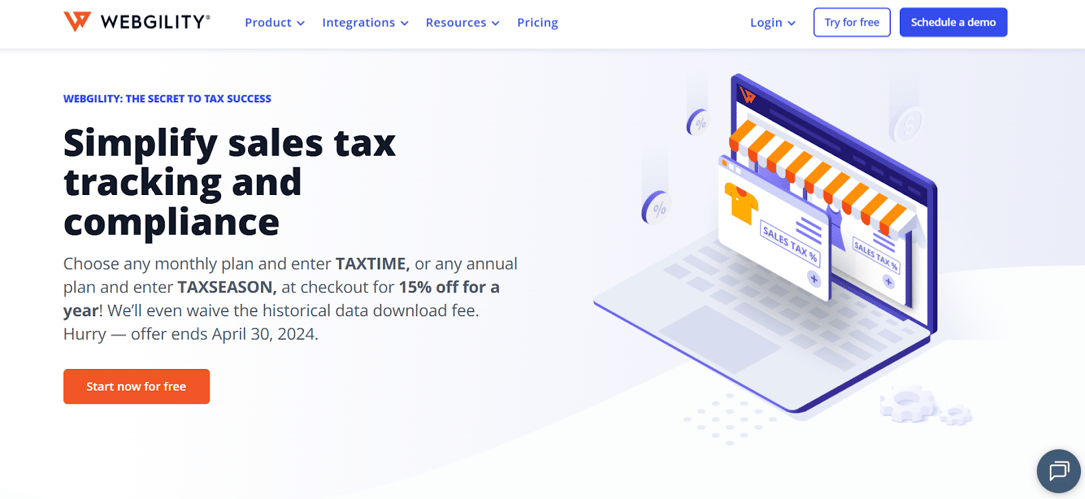  A screenshot of Webgility featuring sales tax compliance and ecommerce tax tracking illustration.