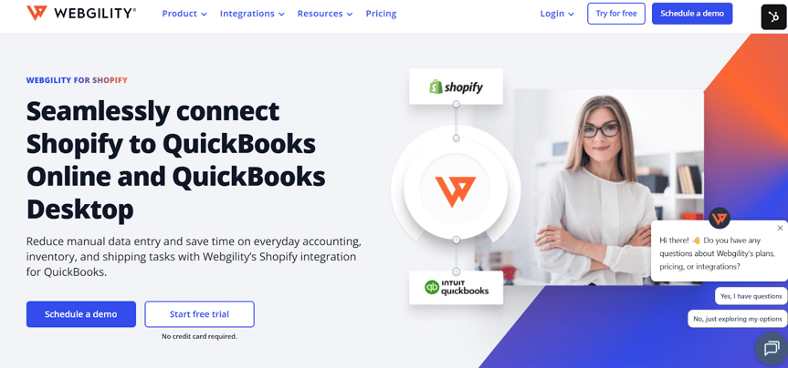 Webgility Shopify integration dashboard connecting ecommerce to QuickBooks