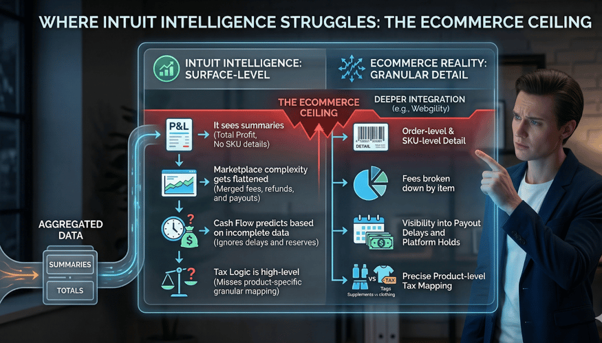 An image showing Intuit Intelligence vs ecommerce data limitations comparison.