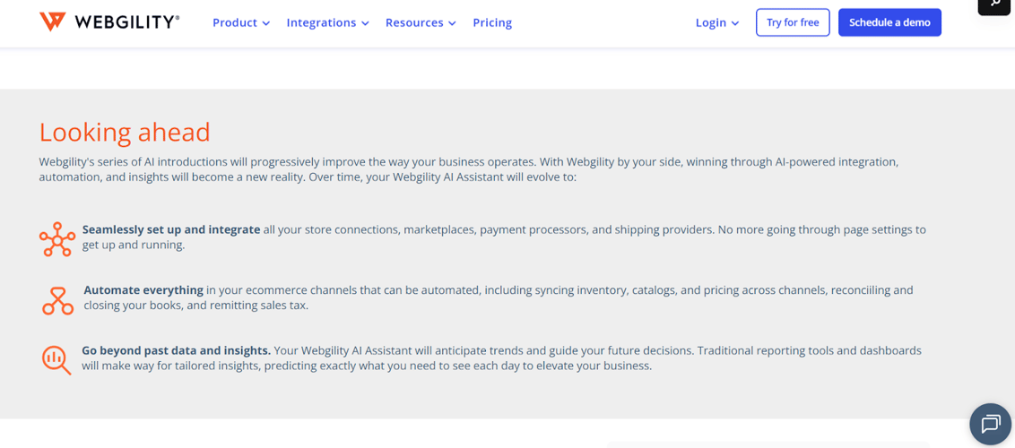 Webgility AI interface highlighting seamless integrations, automated ecommerce workflows, and predictive business insights