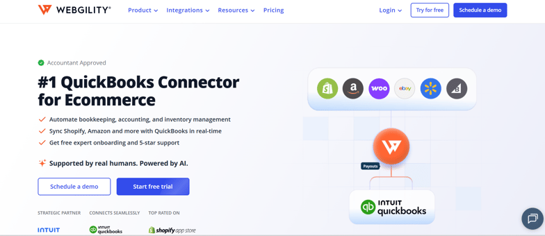 Webgility homepage showing QuickBooks ecommerce integration with Shopify, Amazon, WooCommerce, eBay, Walmart, and BigCommerce.