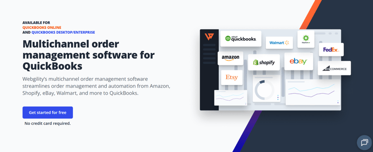 Webgility multichannel order management dashboard connecting Amazon, Shopify, eBay, Walmart, and QuickBooks.