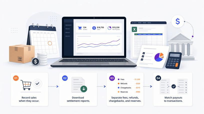 Manual workflow for tracking delayed payouts, settlement reports, fees, refunds, and payout matching.