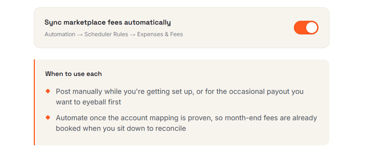 Webgility scheduler rule with automatic Walmart marketplace fee syncing enabled and guidance for choosing manual or automatic posting.